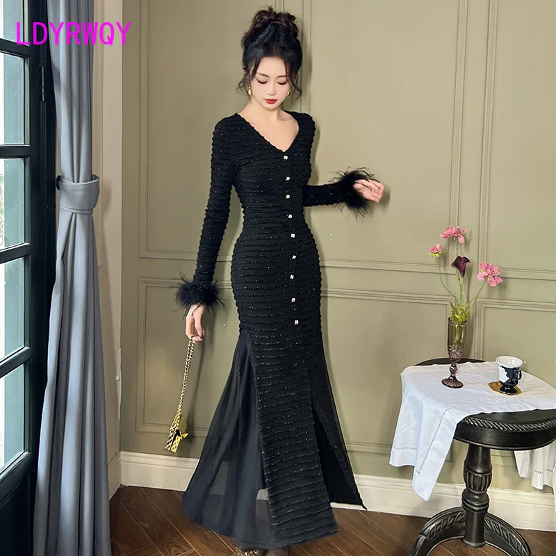 2023 Autumn and Winter New Women's Slim Fit Knitted Elastic Wrapped Hip Long Sleeve Dress