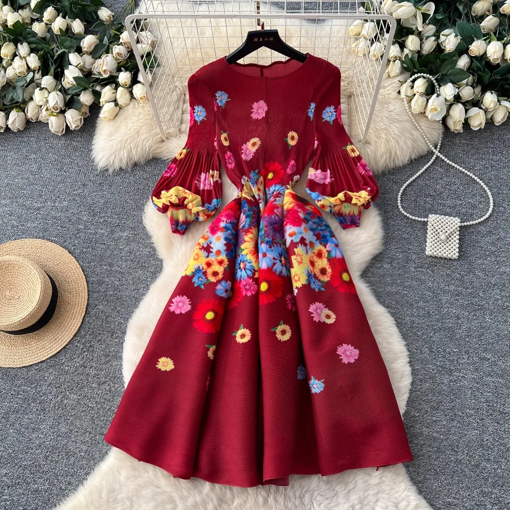 Miyake Pleated Print Dresses 2026 Summer New Round Neck Lantern Sleeve A-Line Flower Bud Dress Elegant Stretch Women's Clothing