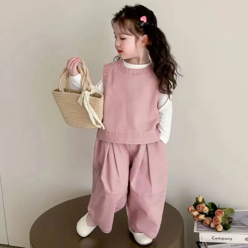 Girls Spring Autumn Vest Suit 2026 New Korean Style Kids Casual Three Piece Set Clothing
