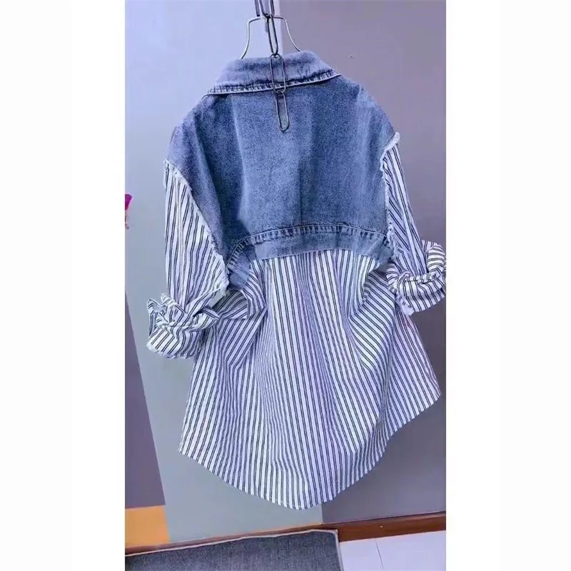 Long Short Fake Two-Piece Fashion Striped Denim Jacket Women\'s Spring/Summer Stitching Women Jackets Temperament Coat Jacket2538