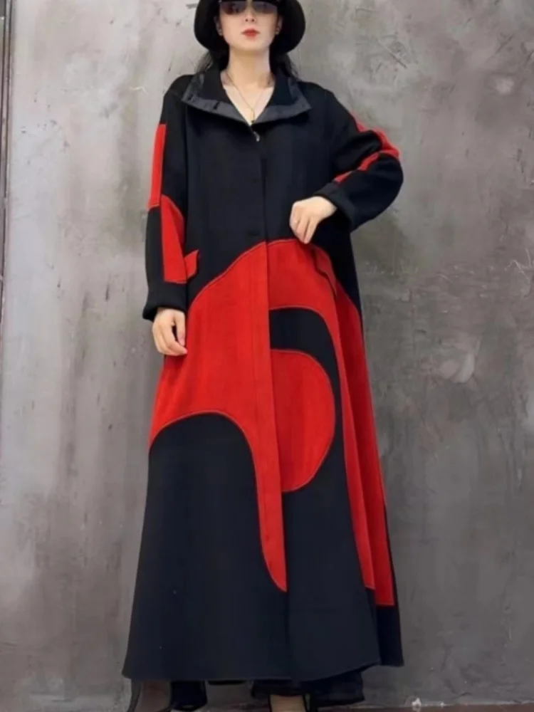 

Vefadisa Red 2024 AutumnWinter New Women Patchwork Woolen Coat Stand Collar Long Sleeve Long Coat Fashion All-match Coat ZXY831A