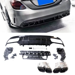For Mercedes-Benz W205 C Class AMG Sedan 4 Door 2015-2021 C63 Style Rear Bumper Diffuser Spoiler Lip Black Exhaust Muffler Pipe