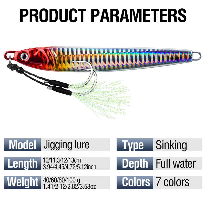 7Pcs 40g 60g 80g 100g Luminous Fast Jigging Casting Lure 7Colors Fishing Metal Jig Bait With Double Assist Hook