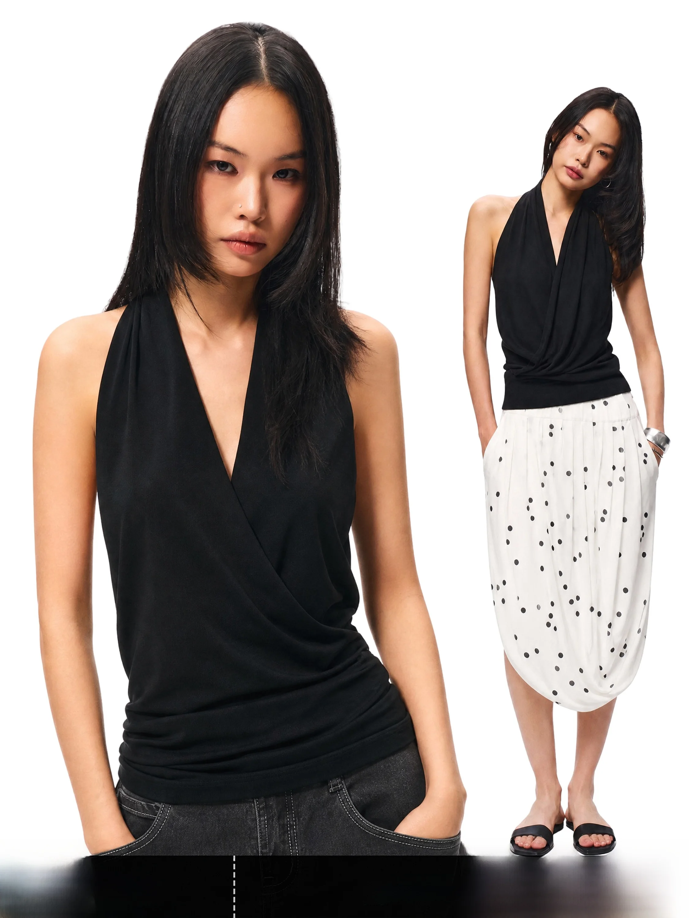 Gogo Burn American Style Black V-Neck Knitted Vest Women's Autumn New Design Sense Pleated Top Fashionable Slim Fit Short Length