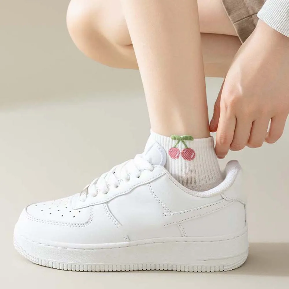 Female Hosiery Cherry Cotton Short Socks Cherry Print Anti Slip Cotton Ankle Socks Lolita Sweat Absorption Cotton Boat Socks