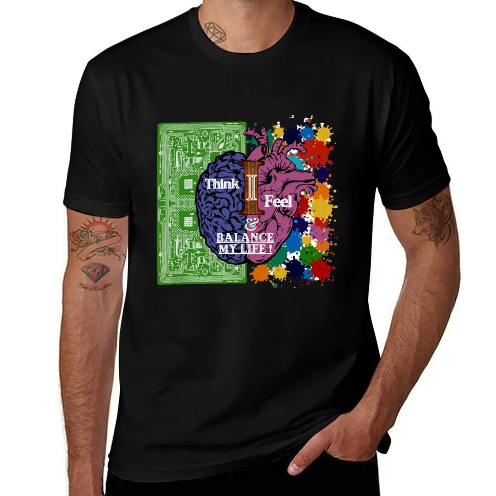 Brain I Think, Heart I Feel & I Balance My Life (half brain anatomy with circuit and half heart anatomy with color drops T-Shirt