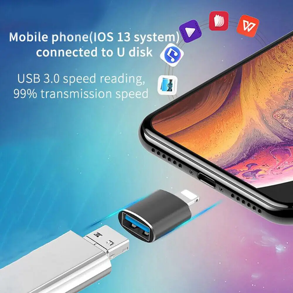 Adaptador USB 3,0 a Lightning OTG de 8 pines para iPhone 14 13 12 11 XR, adaptador de carga rápida IOS macho a USB hembra para IOS 13 superior