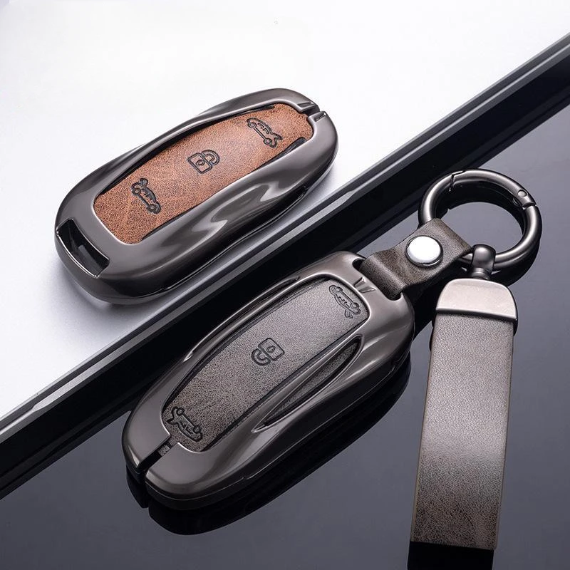 For Tesla Model3/S/X/Y Car Zinc Alloy Leather Key Case Cover Holder Protector Keychain Interior Accessories Key Case for Car