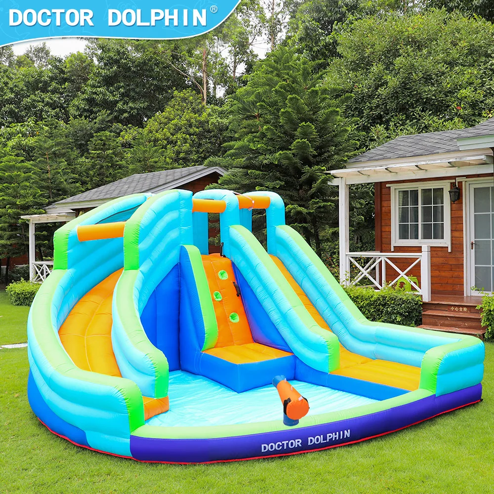 Doctor Dolphin tobogán acuático inflable al aire libre castillo saltador combinación de casa de rebote de pulverización de agua inflable al aire libre con soplador