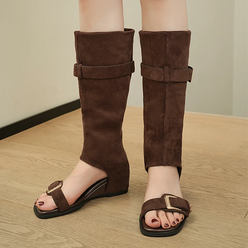 Designer Women's Sandals Flats Knee High Suede Shoes 2026 New Summer Open Toe Woman Boots Goth Trend New Chelsea Mujer Zapatos