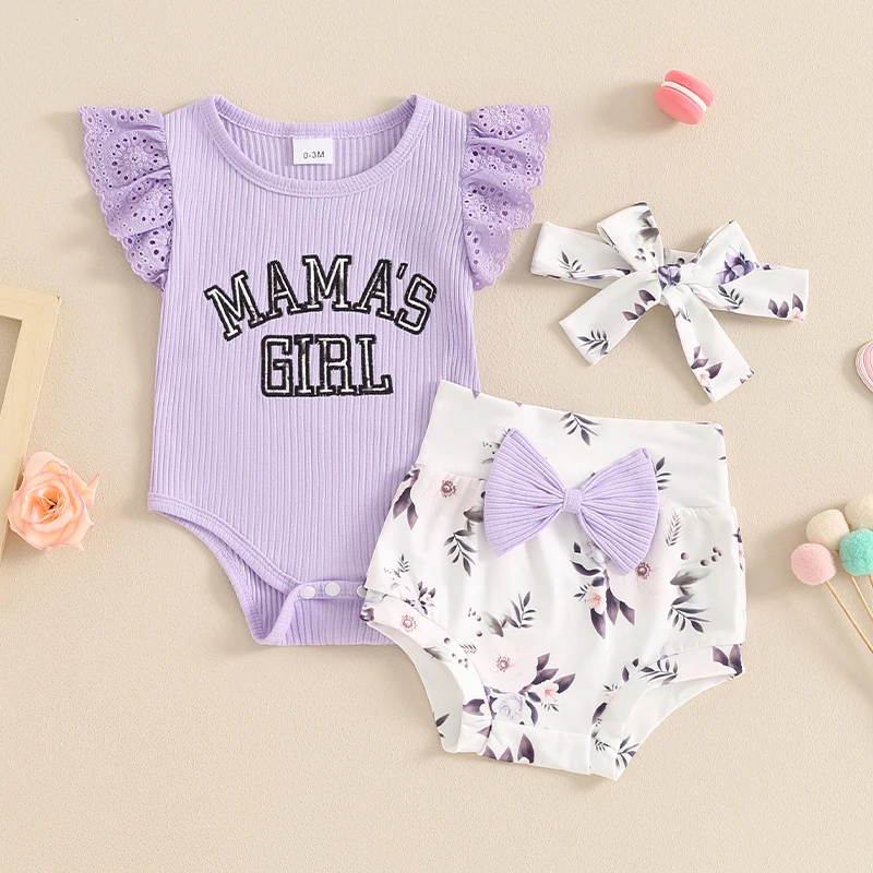 Setelan baju monyet bayi perempuan, pakaian musim panas, Set Bando, celana pendek motif huruf, baju monyet dengan celana pendek bunga, lengan Fly, pakaian musim panas untuk bayi perempuan