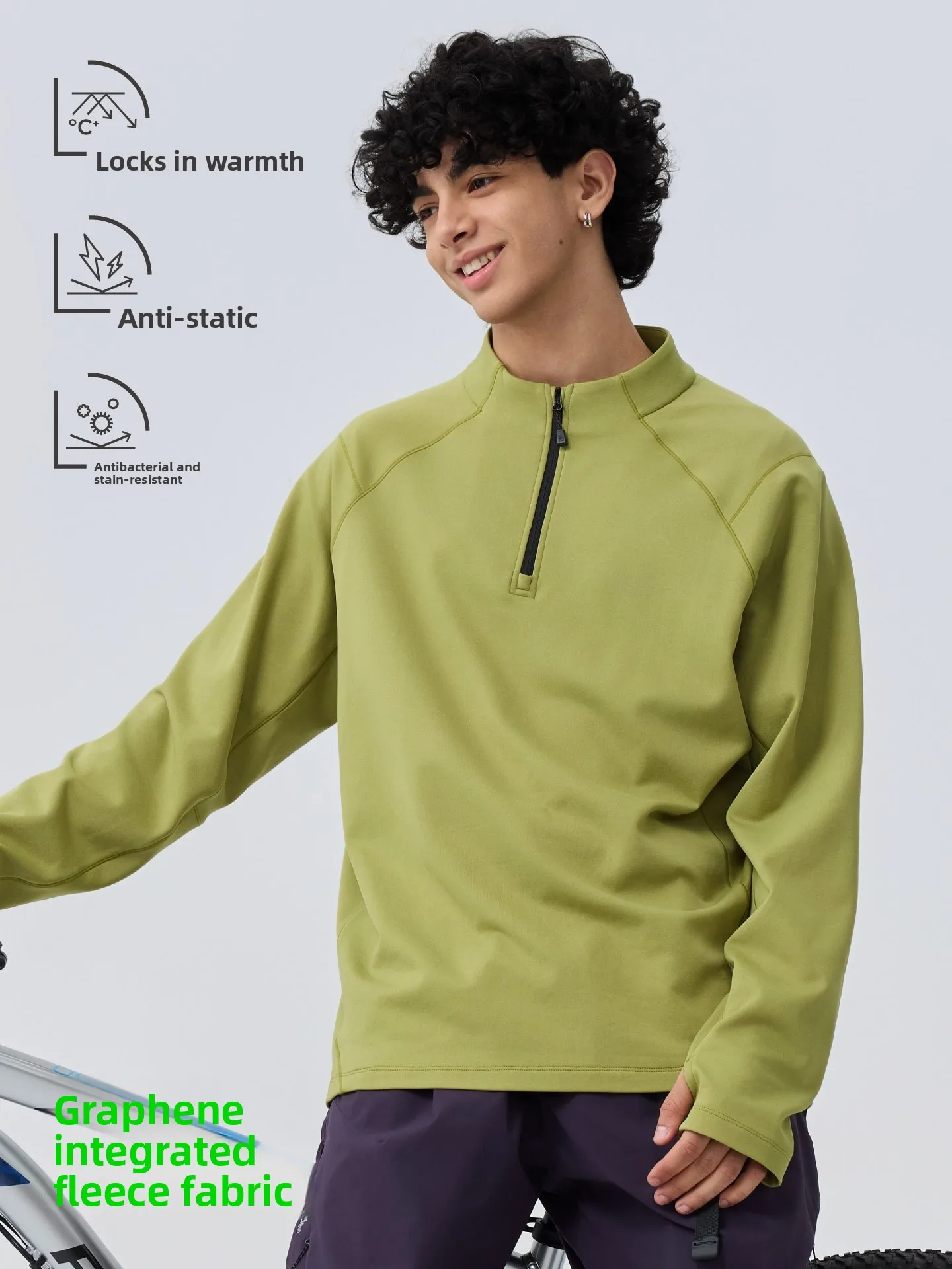 Outdoor Graphene Fleece Jacket Half Zipper Collar Long Sleeve Youth Polyester Spandex Blend Durable Unisex Long Sleeve Jacket