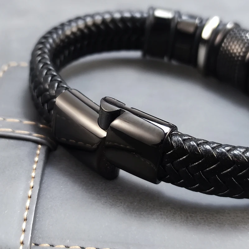 Custom Engraved Name Men Braided Leather Bracelet Stainless Steel Bead Wristband Male Personalized Fashion Jewelry Gift