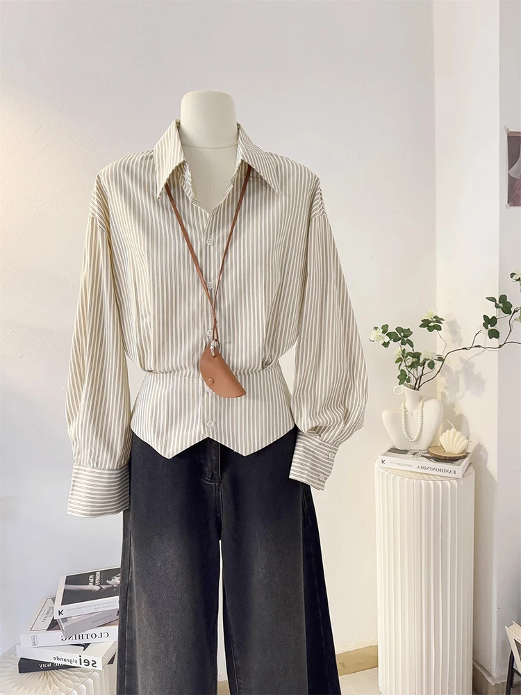 

Women's Short Striped Shirt Korean Style Commute Slit Top Inner Wear Base Layer Spring Autumn Winter Fashion Casual Slimming