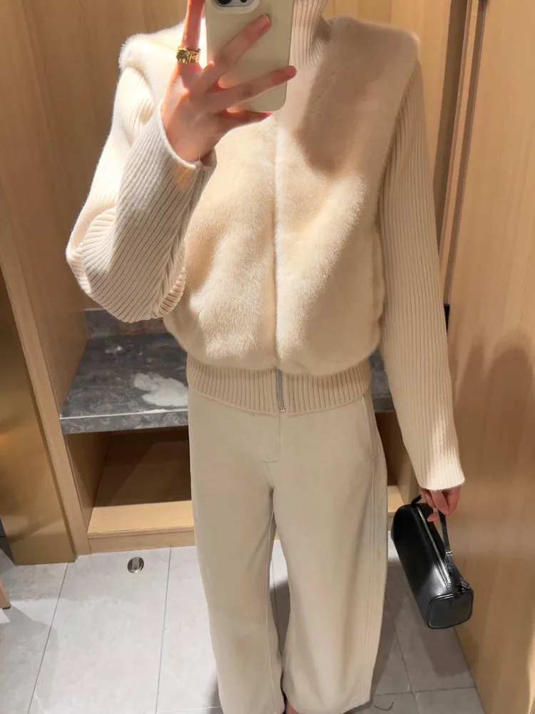 معطف فرو المنك قصير، صغيرتي، محبوك برقبة عالية مع لمسة من التطور والتصميم، بلوزة متخصصة للنساء في الخريف وW