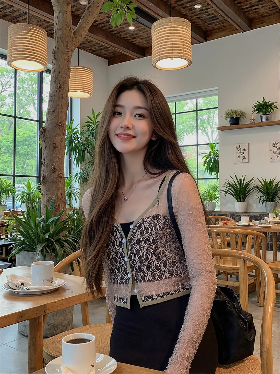 White Woman Lady Shirts Lace Hollow Out Ulzzang Korean Style Fashion Preppy College Sweet Cute Kawaii Simple Basic Button Up