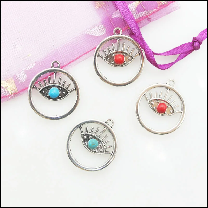 10Pcs Retro Tibetan Silver Plated Circle Frame Eye Round Blue&Red Stone Charms Pendants 21x24mm