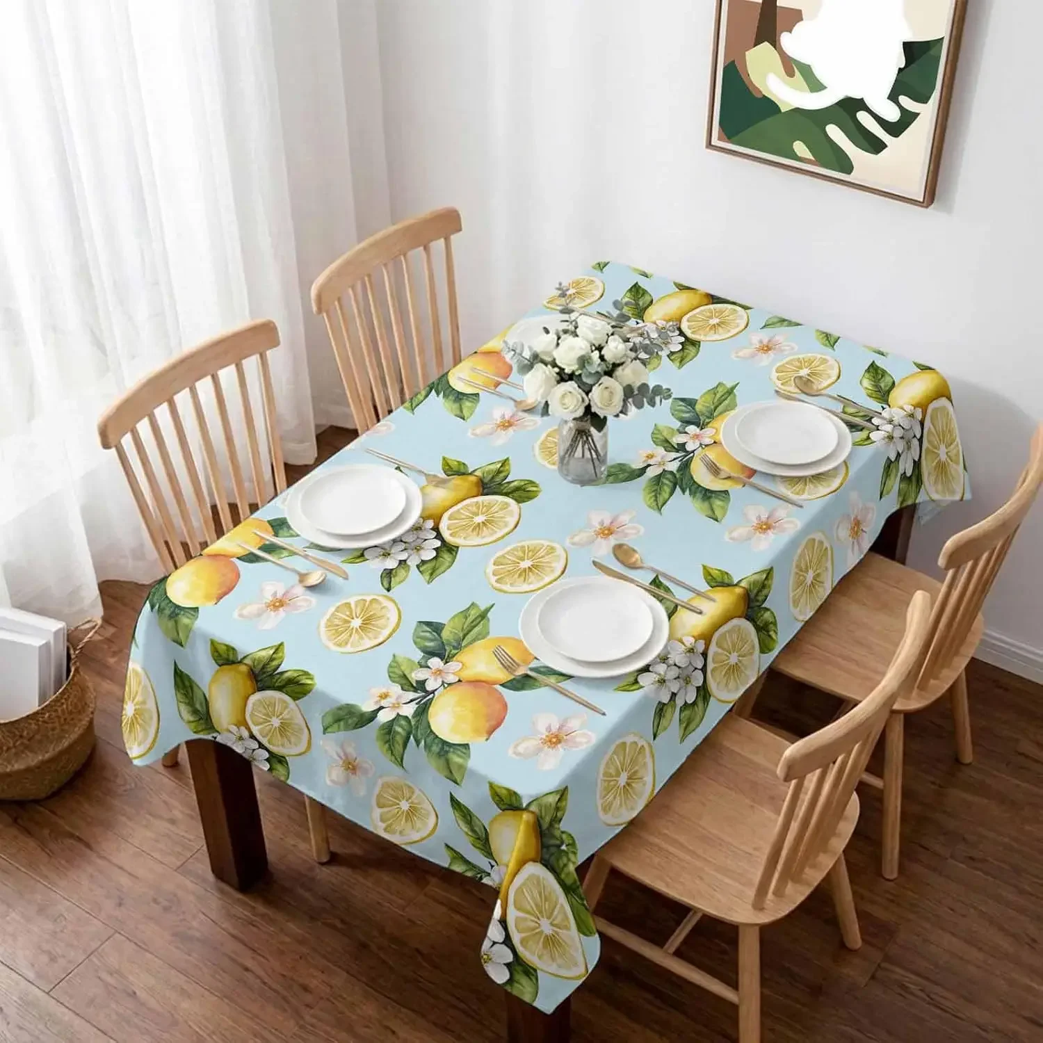 1Pc Lemon Floral Print Tablecloth Light Blue Table Cover For Dining Kitchen Party Dustproof Oilproof Decorative Home Use