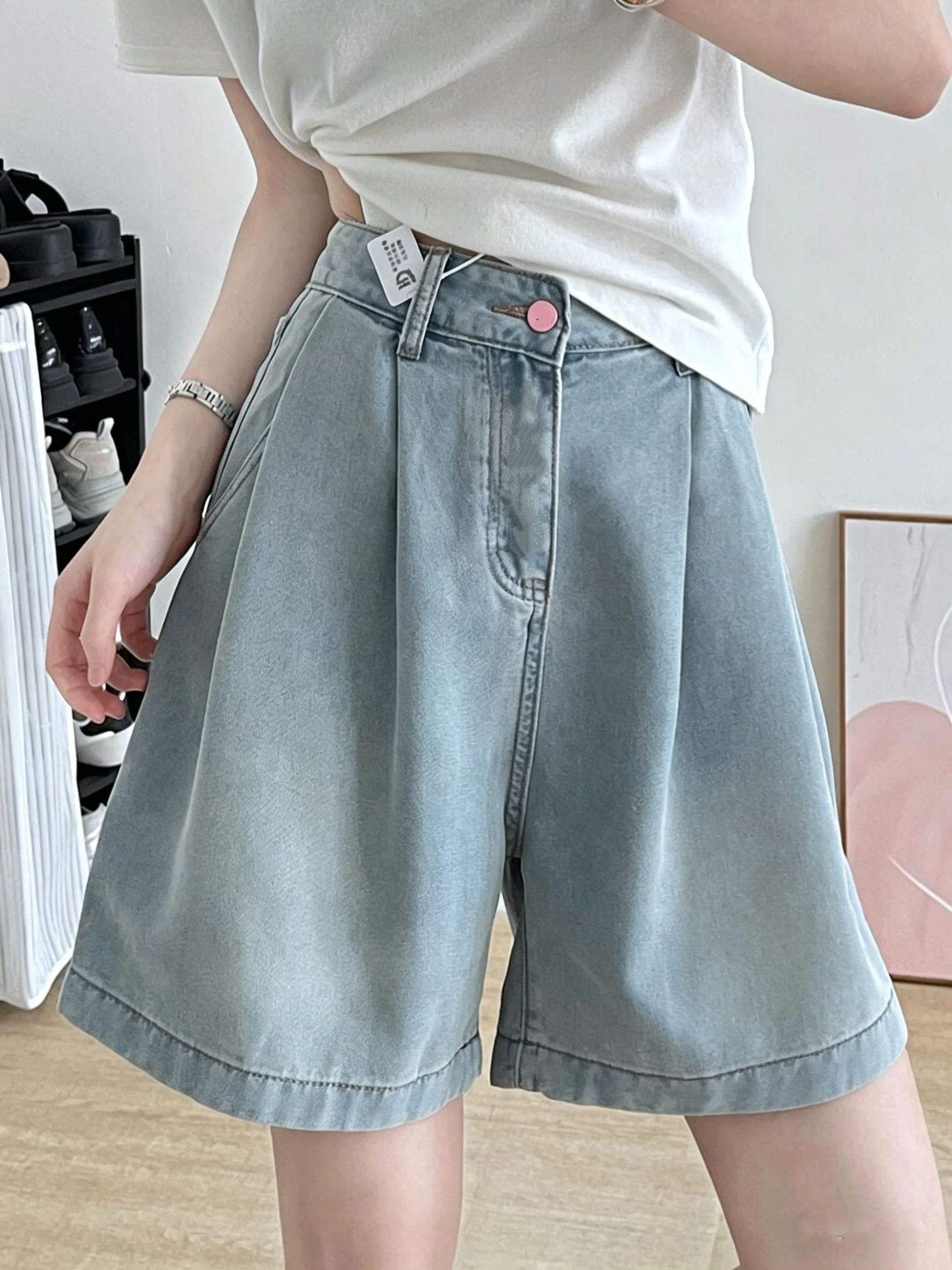 

Light Blue Wide Leg Five-Point Denim Shorts Women's High Waist Drape Casual Slimming 5-Point Mid-Pants Summer New Arrival