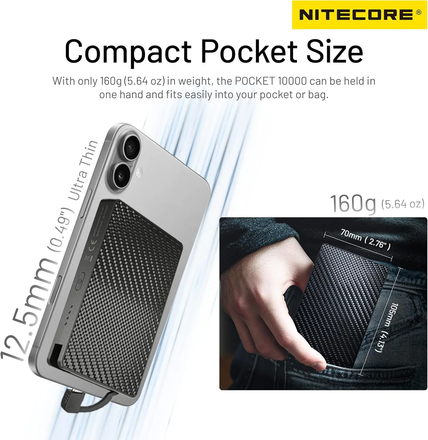 Nitecore Pocket 10000 Carbon Fiber Power Bank 10000mAh Fast Charging Portable Charger Battery Pack Dual USB-C Ports with Built-in USB-C Cable, Tag