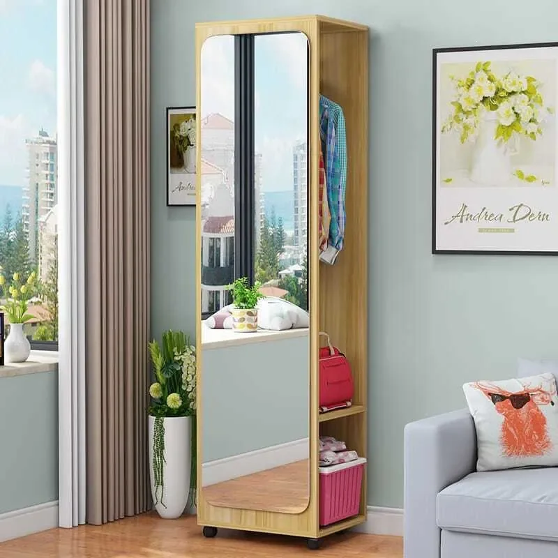 Full Body Floor Mirror with Storage Cabinet Rotating Mobile Standing Mirror for Living Room Bedroom Simple Multi-function