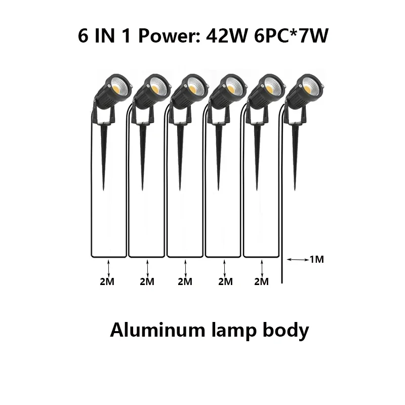 2 Meter Wire Garden Lights Waterprof  LED Lawn Lamp 2-4-6-8 IN 1 14W42W56W Landscape Decoration Spike Spotlights DC24VAC110V220V