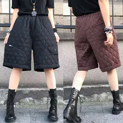 New High Waist Wide Leg Pants 2025 Autumn Winter Cotton Padded Warm Shorts Women Femme Casual Ladies Shorts Black Boots Pants