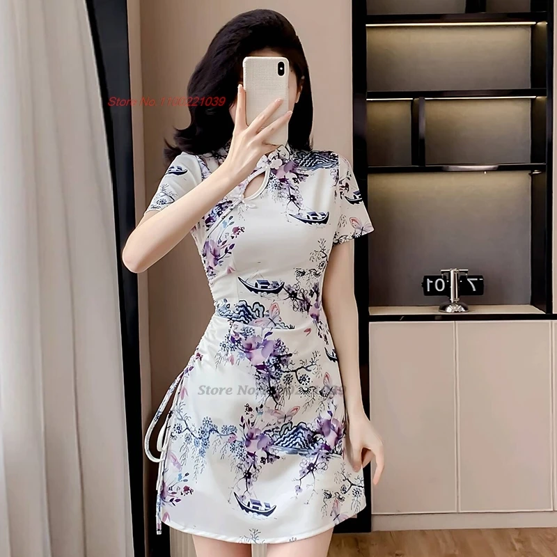 

2026 chinese sexy banquet nightclub dress cheongsam national flower print qipao dress+shorts set hotel spa work dress cheongsam