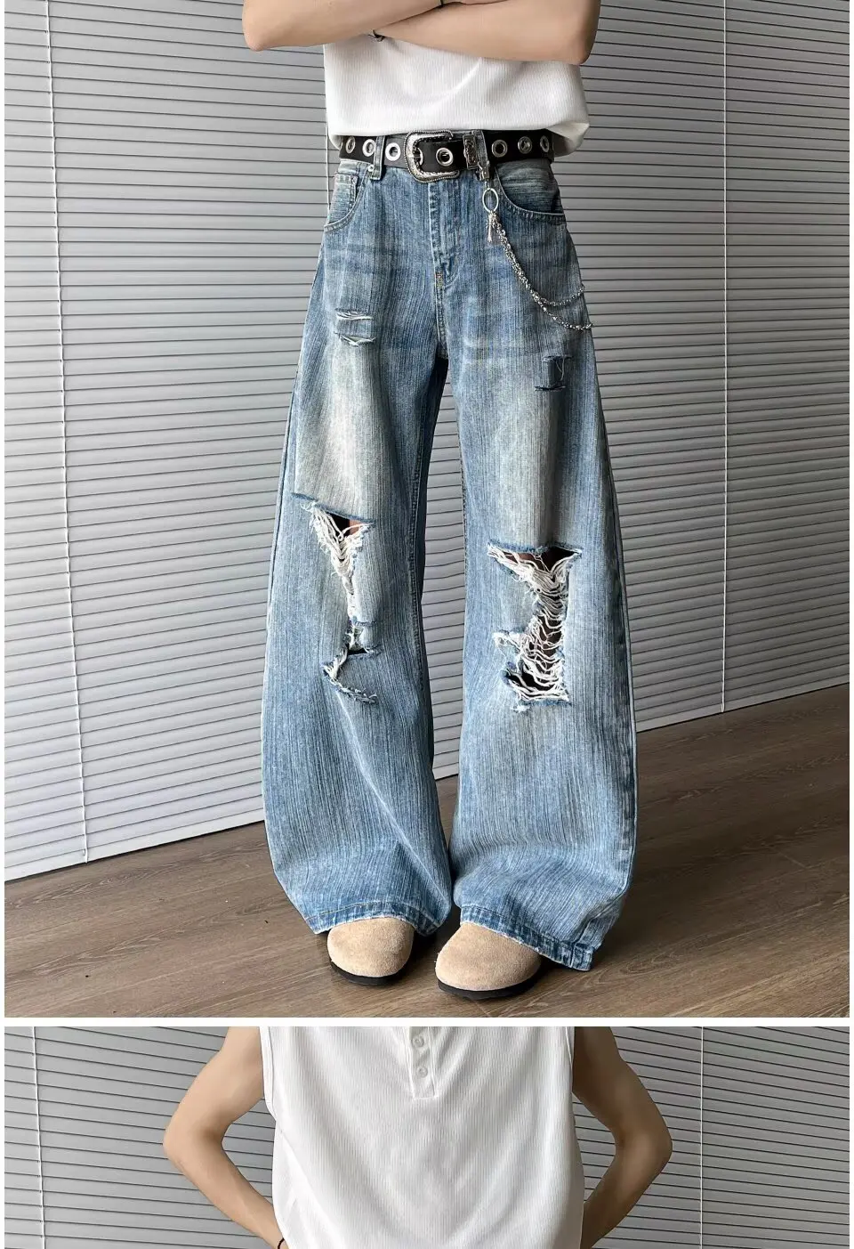2025 Trashy Y2K Streetwear Washed Blue Baggy Ripped Jeans Hosen für Männer 90er Jahre Vintage Kleidung Straight Distressed Denim Hosen – Detail 5