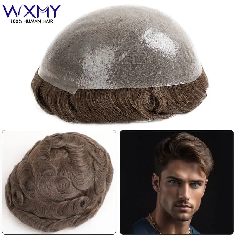 

Invisible Hairline 0.04mm Thin Skin Men Toupee Male Hair Prosthesis Natural Human Hair Men's Wig Capillary Undetectable Male Wig