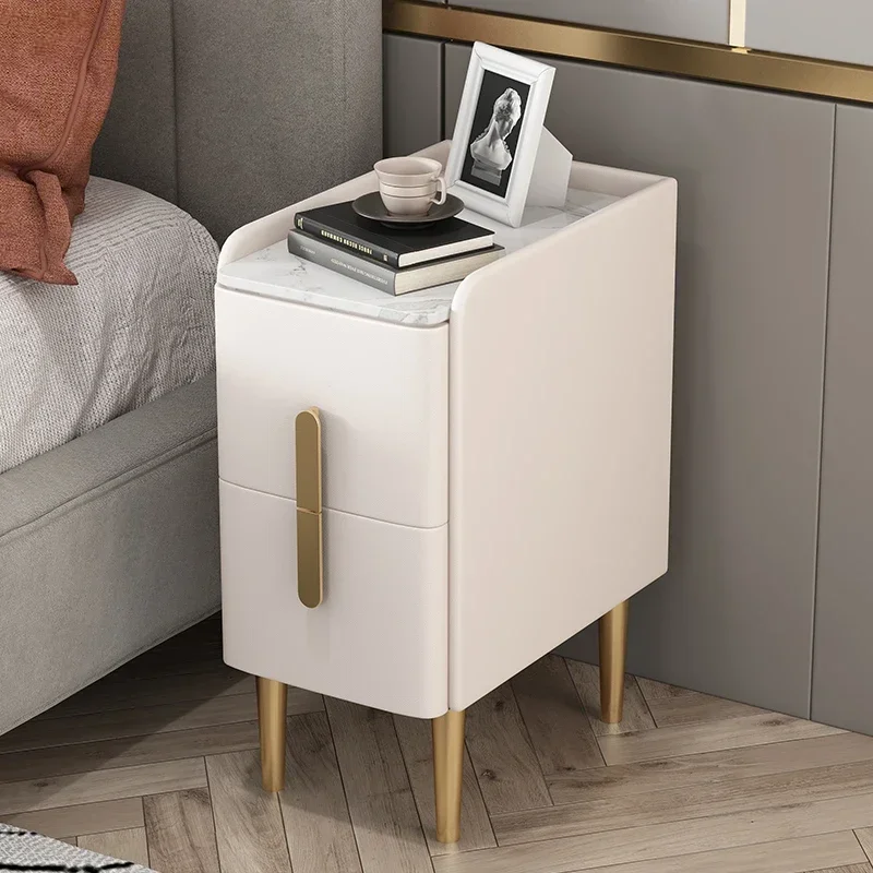 Small ultra-narrow bedside table simple modern luxury leather bedside cabinet rock plate mini home storage slit narrow cabinet