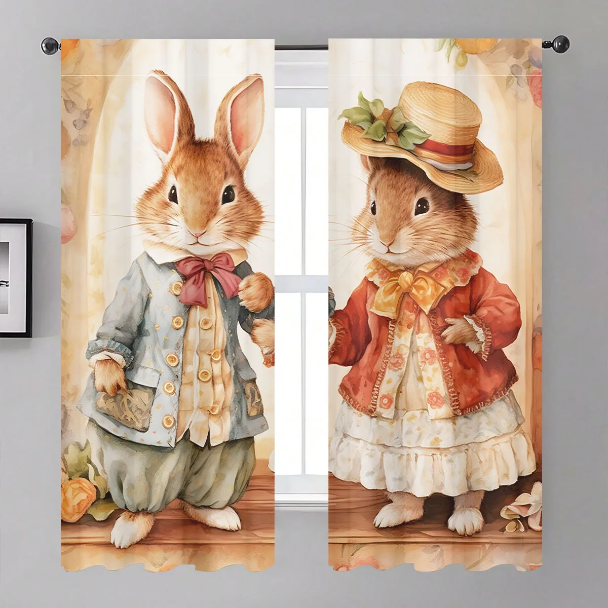 2pcs 60x150cm Polyester Easter Bunny Couple Curtain Decor Easter Bunny Rabbit Home Party Gift Happy 2025 Easter Party Home Decor