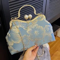 Vintage Women Flower Purse And Handbags Evening Clutch Embroidery Chain Crossbody Bags Wedding Dinner Shell Clip Handle Totes