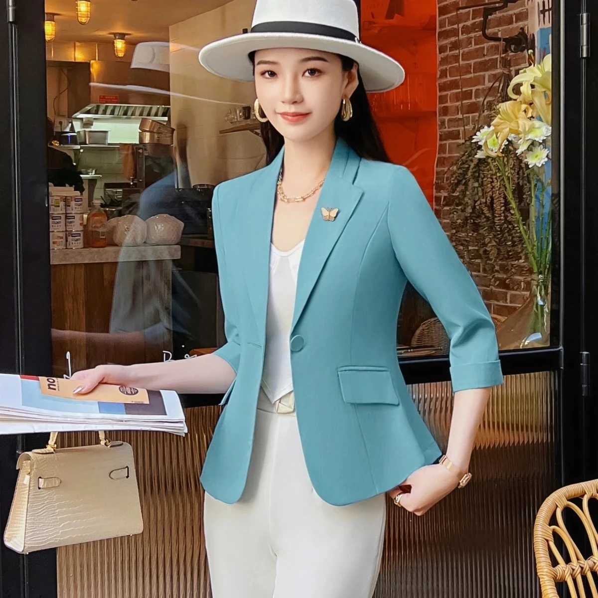 Women's Small Suit Jacket 2025 Spring Summer Seven Quarter Sleeves Blazers Jacket Ladies Temperament Single Buckle Outwear Tops