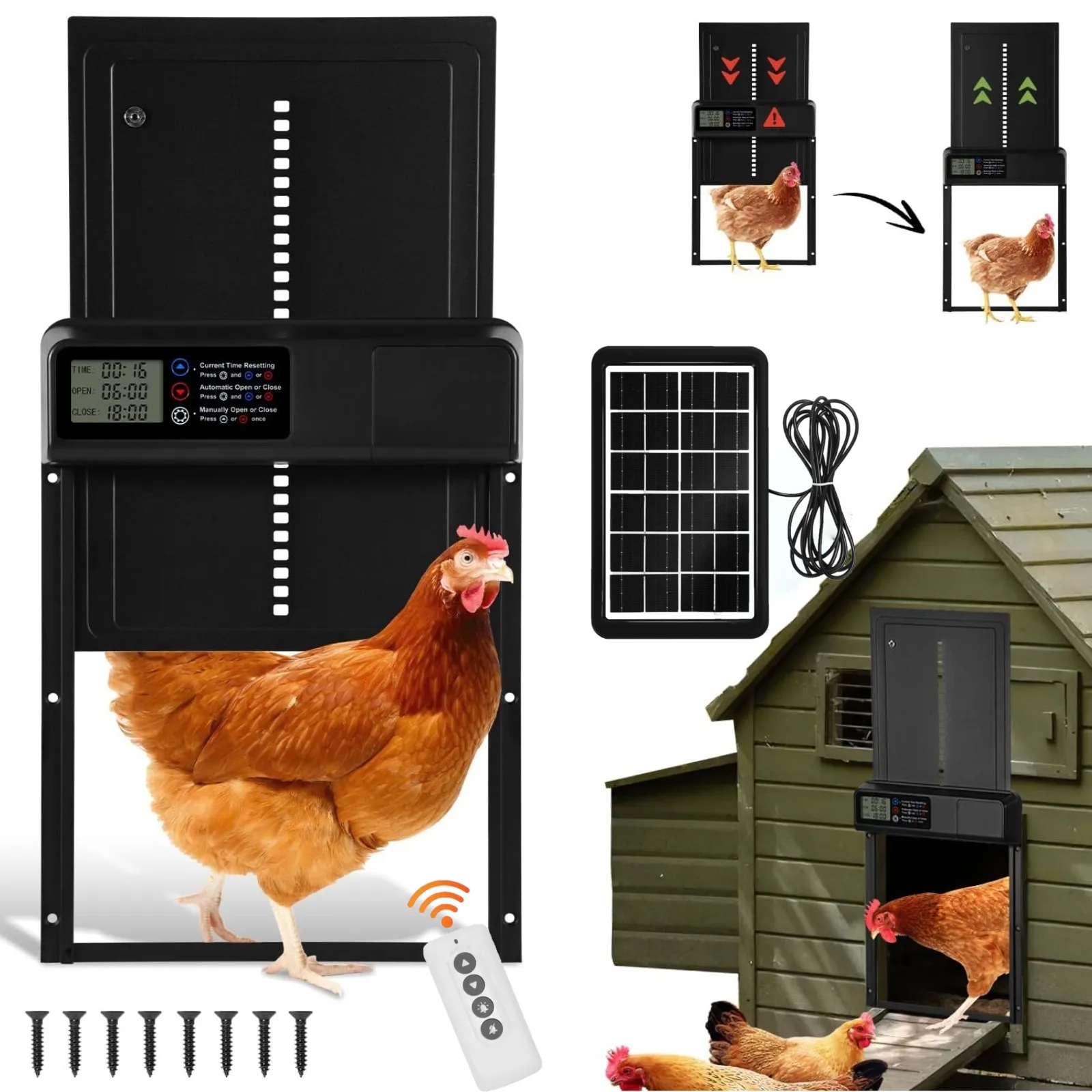 Porta automatica per pollaio, alimentata a energia solare, con apertura elettrica, timer anti-pizzicamento, accessori per porta a battente per pollaio, per animali domestici
