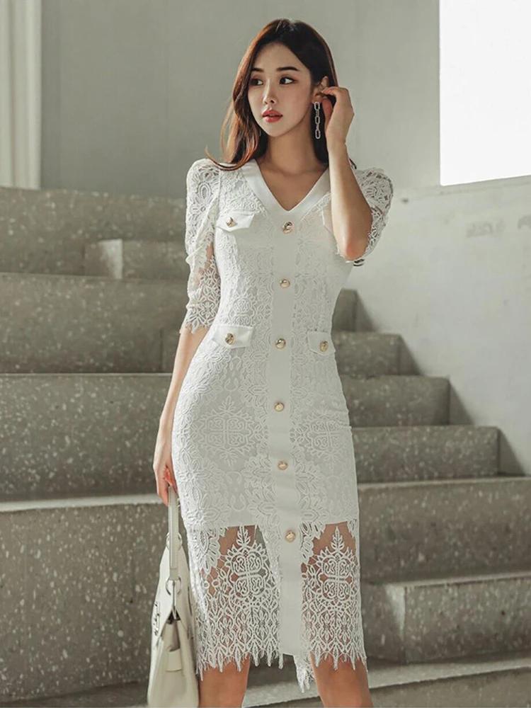 New Vintage Ladies Lace Long Dress Mujer Women Elegant See Through Puff Sleeve Wrap Hip Midi Robe Femme Vestidos Street Clothes