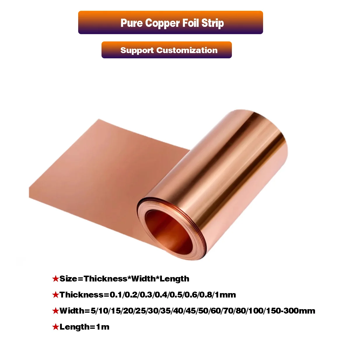 1 Meter Width 5--300mm 99.99% Pure Copper Foil Strip High Purity T2 Red Copper Shielded Sheet   Thickness 0.1/0.2/0.3/0.4-1mm