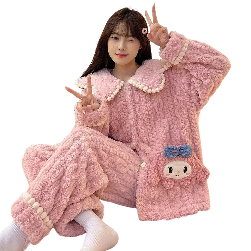 Sanurgente-Ensemble de pyjama à col rabattu en glouton pour fille, Kawaii, manches longues, chaud, chaud, hiver, ma mélodie, bande dessinée, UNIS issement, vêtements pour la maison, kit