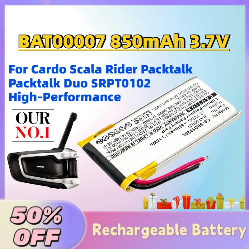 

In Stock BAT00007 850mAh 3.7V Wireless Headset Battery for Cardo Scala Rider Packtalk Packtalk Duo SRPT0102 High-Performance