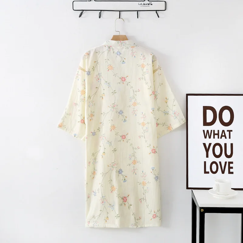 Cotton Yellow Flower Printed Kimono Robes Sleepwear Clothes Women's Loose and Comfortable Summer Short Sleeved Bathrobes