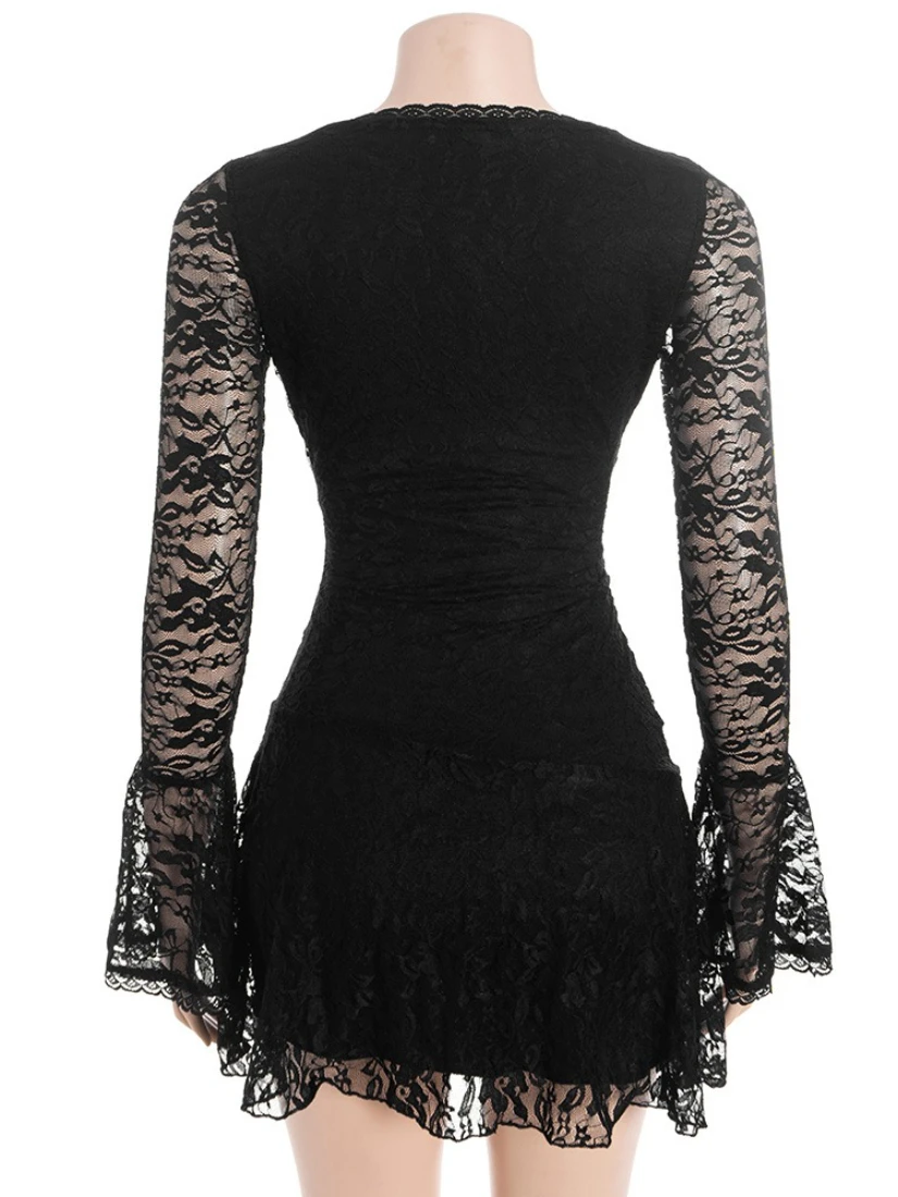 SsTss 2025 nuevo vestido Sexy de encaje Floral de otoño para mujer elegante cuello en V ahuecado manga acampanada ajustado una línea vestido negro corto de fiesta