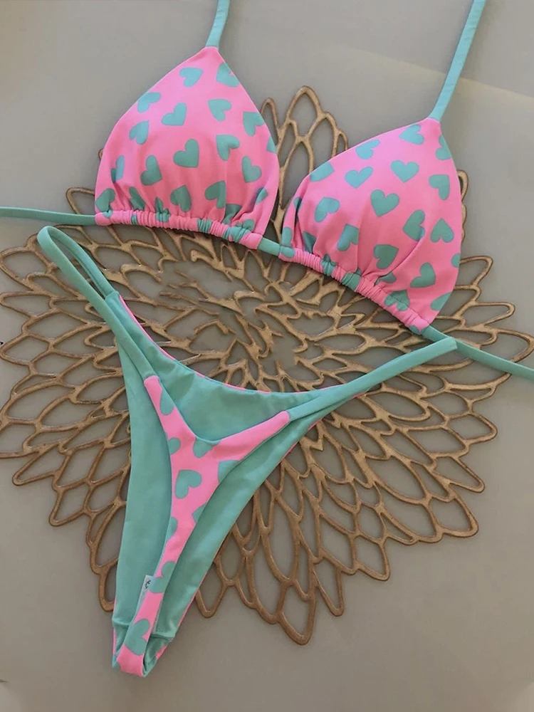 Para Praia Heart Print 2024 Halter Bikini Set Thong Swimsuit Women Bandage Swimwear Biquini Brazilian Bathing Suit Beachwear