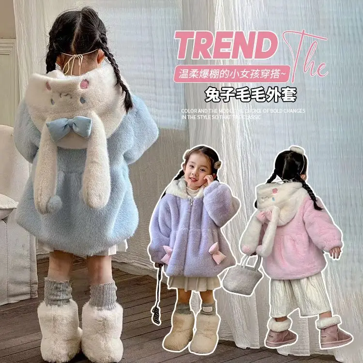 

Kawaii Cinnamoroll Lamb Fleece Jacket Sanrios Girls Cute Warm Hooded Rabbit Ear Wool Coat Autumn Winter Children's Clothing Gift