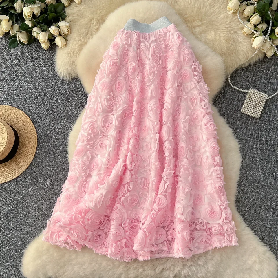 New 3D Flower A-line Women's Skirts 2026 Spring Summer High Waist Slimming Elegant Long Skirt