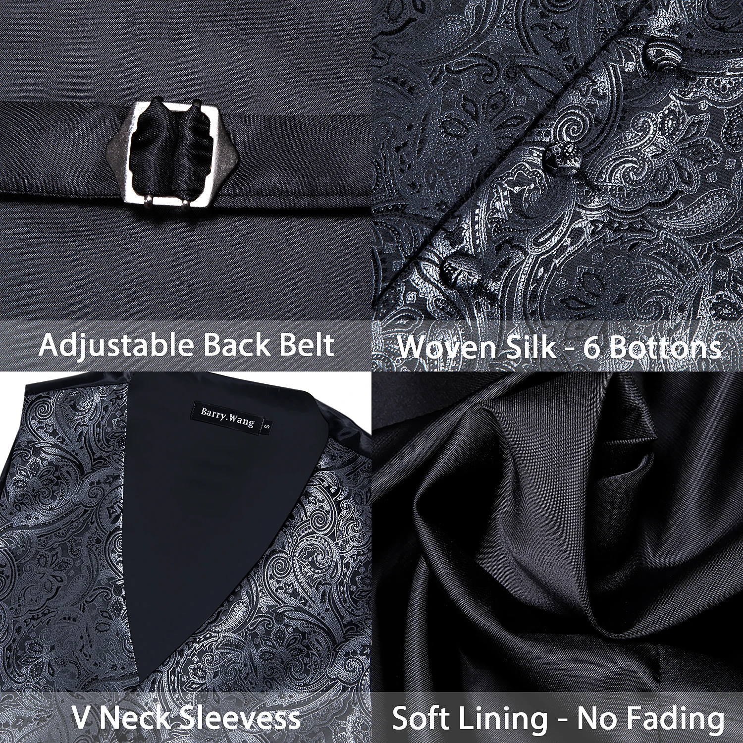 Black White Gray Silver Silk Men Vest Tie Hanky Cufflinks Set Jacquard Waistcoat Sleeveless Jacket Wedding Business Barry.Wang