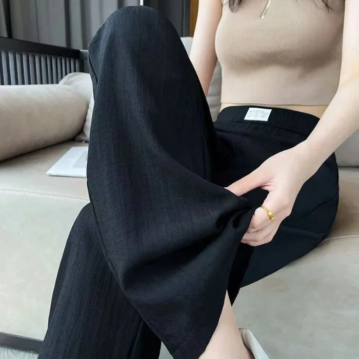 Summer Ice Silk Thin Straight Jeans Women Elastic Waist Wide Leg Pants Breathable Casual