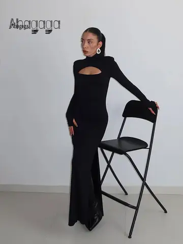 Ahagaga 섹시한 외장 여성 맥시 드레스 솔리드 터틀넥 레귤러 긴 소매 속이 빈 슬림 피트 Bodycon 파티 베스 티드 가운