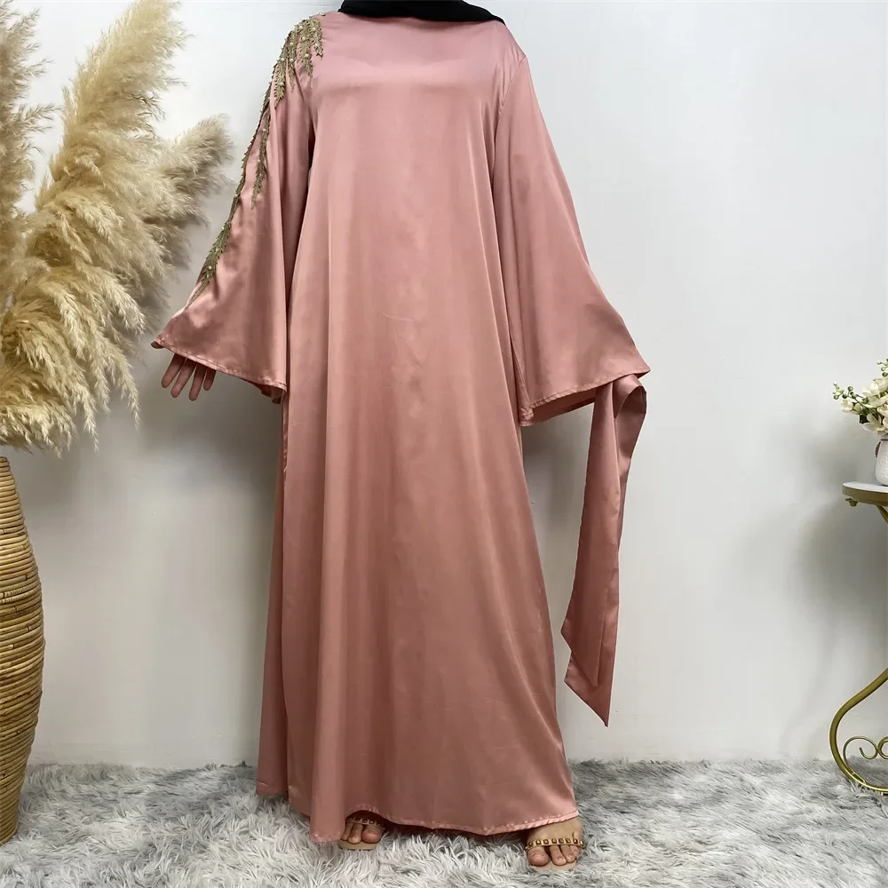 Vestido muçulmano feminino pérola manga comprida vestido de moda oriente médio dubai islâmico africano abaya muçulmano impressão cetim vestido de renda