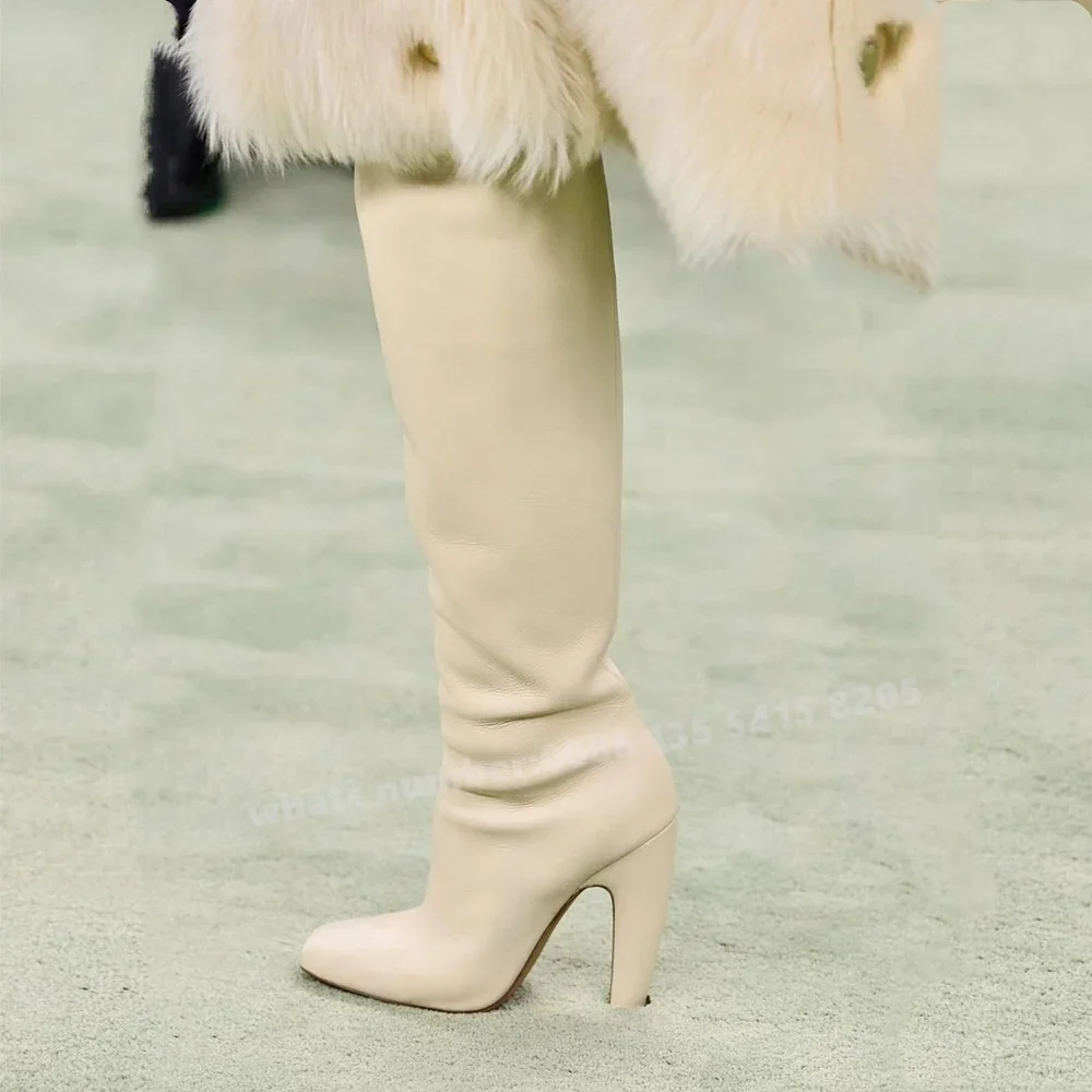 

Round Toe Chunky Heels Long Boots Strange Style Beige Women's Knee High Boots 2025 Winter Solid Casual Shoes Side Zipper Luxury