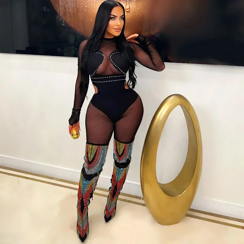 Sexy See Through Patchwork Mesh Jumpsuit Women Long Sleeve Hollow Out Skinny Night Club Outfits One Pieces Rompers Overalls Body